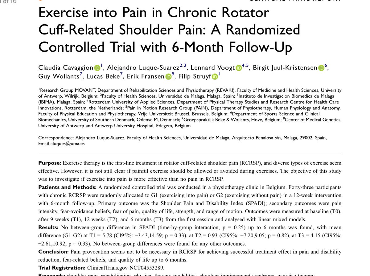 Retlouping's tweet photo. No Pain BUT gain. You get to choose.

https://t.co/GGLmxMROIP

“exercising into pain does not result in greater benefits compared to exercising without pain in RCRSP. No significant between-group differences were detected for pain or disability, fear-avoidance beliefs https://t.co/ChBxGfzN6c