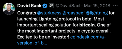 EliNagar's tweet photo. 8. Through his venture capital firm Craft Ventures, Sacks has invested in bitcoin companies such as Lightning Labs, Fold, Bitwise, and Bitgo. https://t.co/yxHj29NrfM