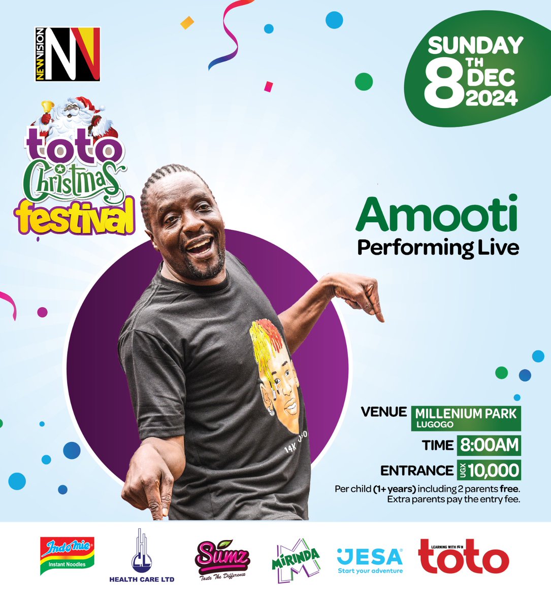 newvisionwire's tweet photo. 🎄 #TotoChristmasFestival Alert! 🎄
Get ready for the biggest family event of the season! The #TOTOFestival is happening tomorrow, Sunday, 8th December, at Millennium Park (KCCA Grounds).
What to Expect:
🎅 Fun activities for the kids
🎨 Exciting games and entertainment
🎤 Special performances
🍔 Speeling contests
Bring the entire family for a day full of joy, laughter, and festive cheer!
📍 Gates open early! See you there!
Sponsored by @sumz_snacks |@healthcareug | @mirindaUg | @jesadairy | #IndomieInstantNoodles #Toto