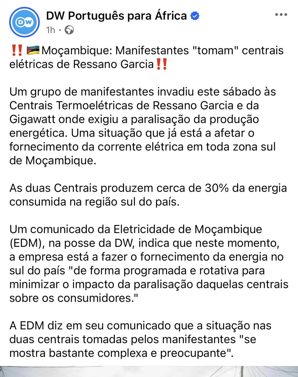 Cidiachissungo's tweet photo. After the attempted assassination of candidate Venancio Mondlane, protesters "took over" Ressano Garcia electric central power📍 

A situation that is already affecting the supply of electricity throughout the southern part of Mozambique. The statement from EDM-Mozambique Electricity company indicates that at the moment, the company is supplying energy in the south of the country "on a scheduled and rotating basis to minimize the impact of the shutdown of those plants on consumers." 

EDM says in its statement that the situation in the two power stations taken over by protesters "seems to be quite complex and worrying." 

#FreeMozambique #MozambiqueElections
