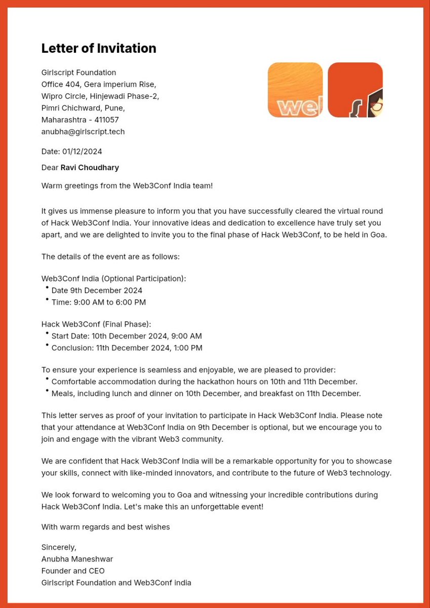 Ravi__007__'s tweet photo. Excited to receive my Letter of Invitation for #Web3ConfIndia 2024! 🎉 Out of 1,600+ developers &amp; 600+ ideas, I’m thrilled to hack, build &amp; vibe in Goa this December! 🚀🌴 Let’s innovate together! 💻✨ @web3conf_india #Hackathon https://t.co/qfOPRY8kPr
