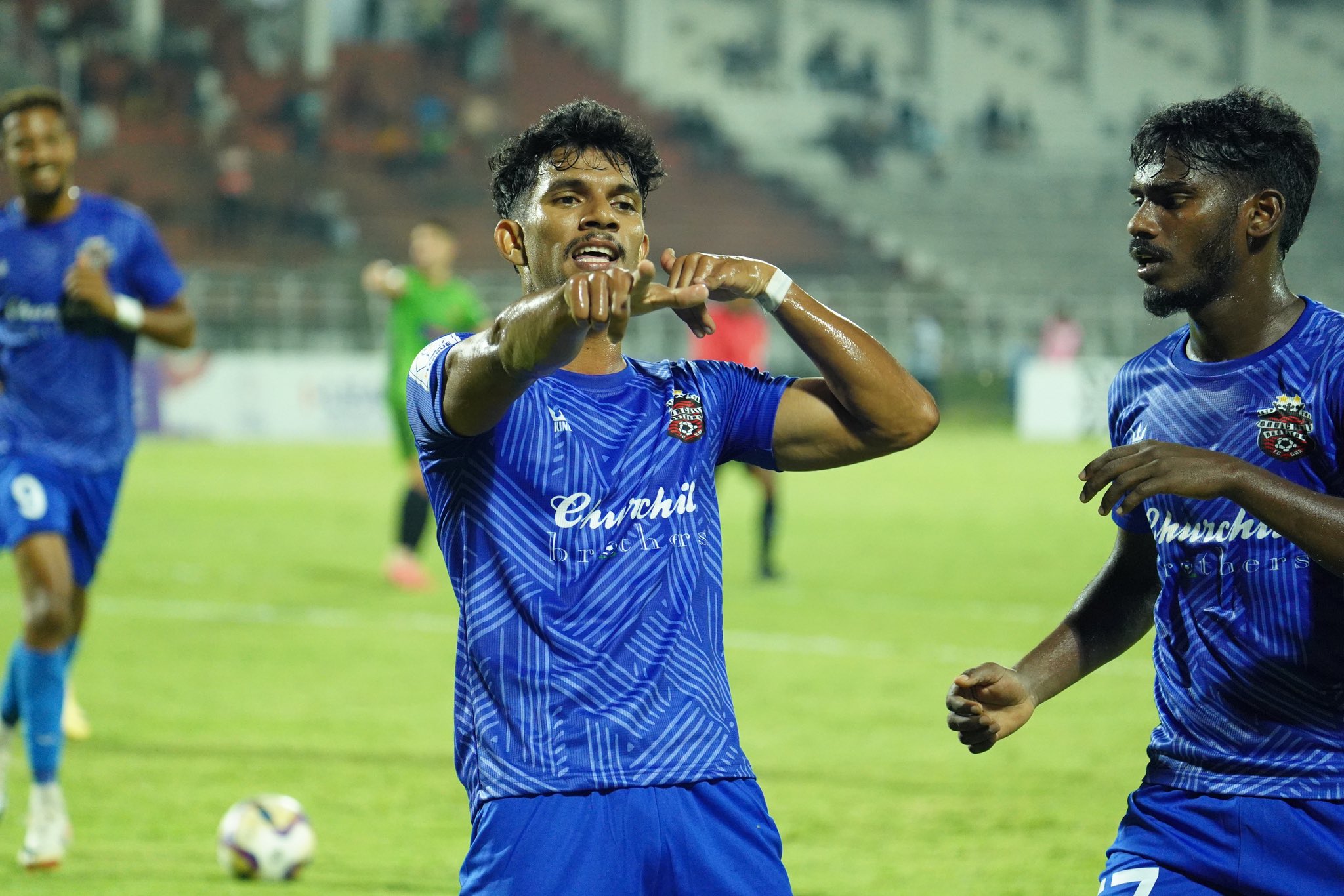 Churchill Brothers player Stendly Fernandes celebrating a goal against Gokulam kerala FC