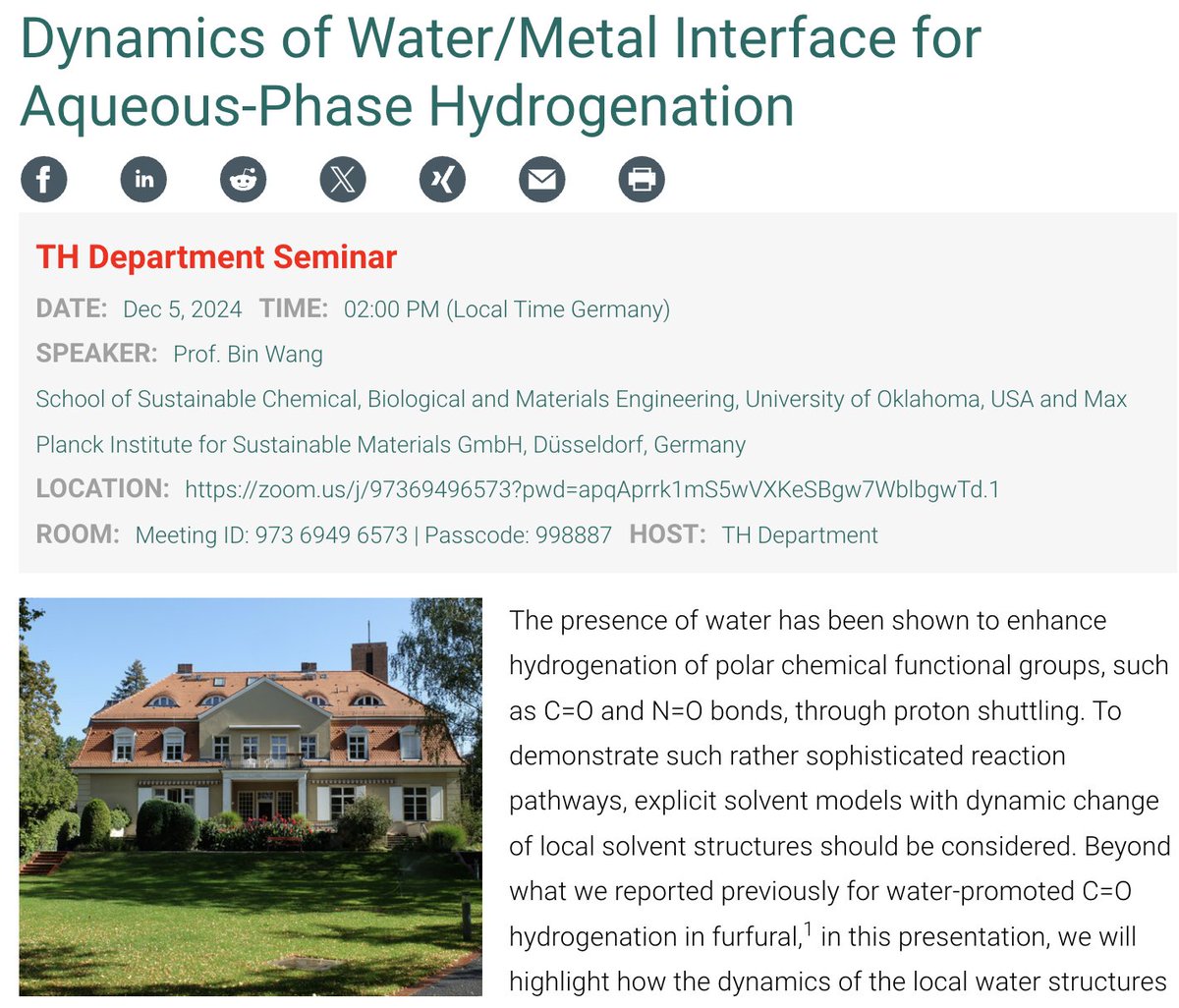 Bin Wang (@oucmc) on Twitter photo Great pleasure to give a seminar at Fritz Haber Institute
<a href="/fhi_mpg_de/">Fritz Haber Institute of the Max Planck Society</a> theory department and meet with the group leaders (Christian, Hendrik, Nicolas, Johannes, Sebastian, Chiara) & talent students/postdocs. Thanks Prof. Karsten Reuter for the kind invitation and hosting my visit! Great pleasure to give a seminar at Fritz Haber Institute
<a href="/fhi_mpg_de/">Fritz Haber Institute of the Max Planck Society</a> theory department and meet with the group leaders (Christian, Hendrik, Nicolas, Johannes, Sebastian, Chiara) & talent students/postdocs. Thanks Prof. Karsten Reuter for the kind invitation and hosting my visit!