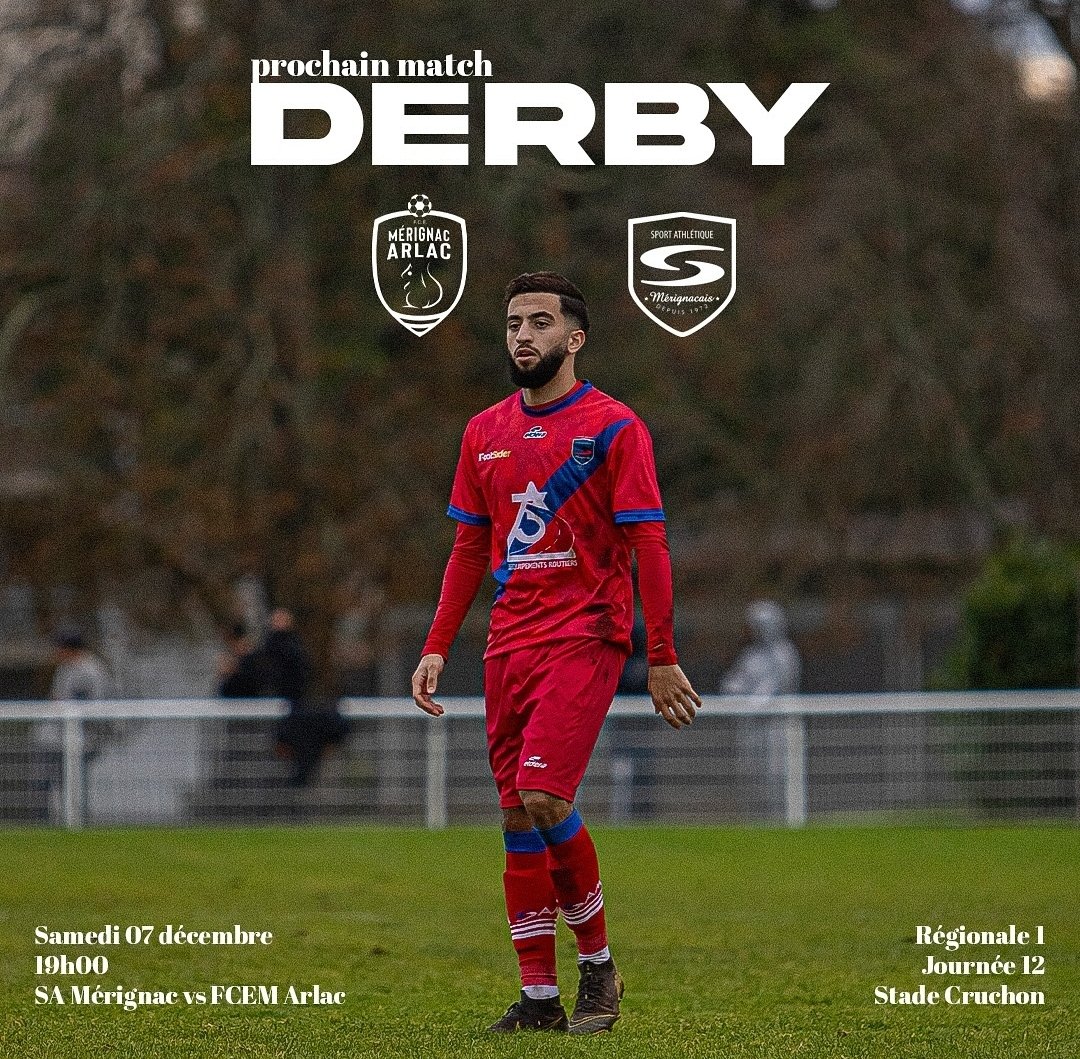 JOUR DE DERBY !!! Ce soir à 19h nos seniors on rdv au stade Joseph Antoine Cruchon pour affronter le <a href="/fcemarlac/">FCE Mérignac Arlac</a>