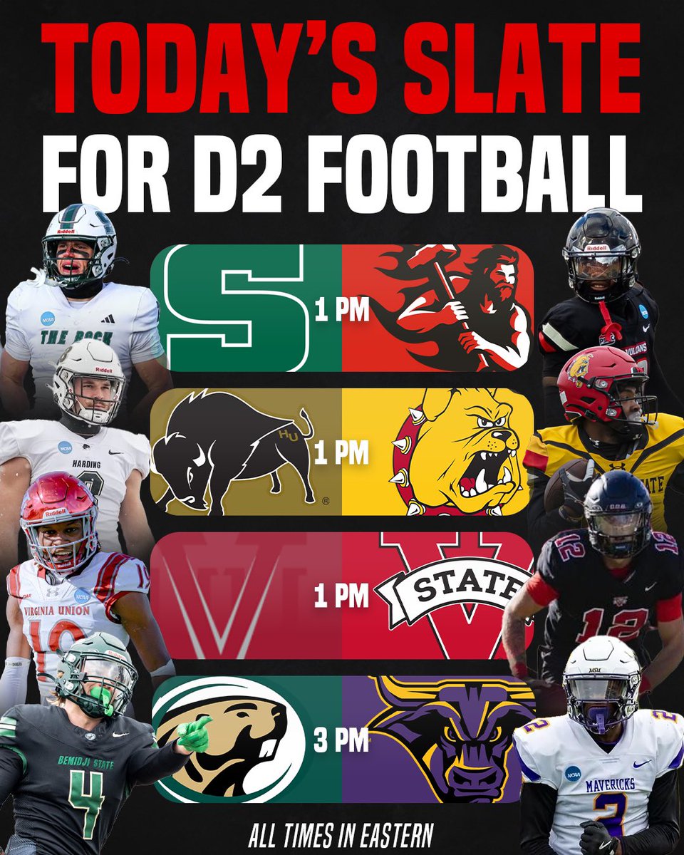 D1_Rejects's tweet photo. IT’S GAMEDAY IN #D2FB 😤🤝

Here’s the full slate for today’s quarterfinal matchups across the country. Who’s ready 🙋‍♂️ https://t.co/4h7GuiX3HT