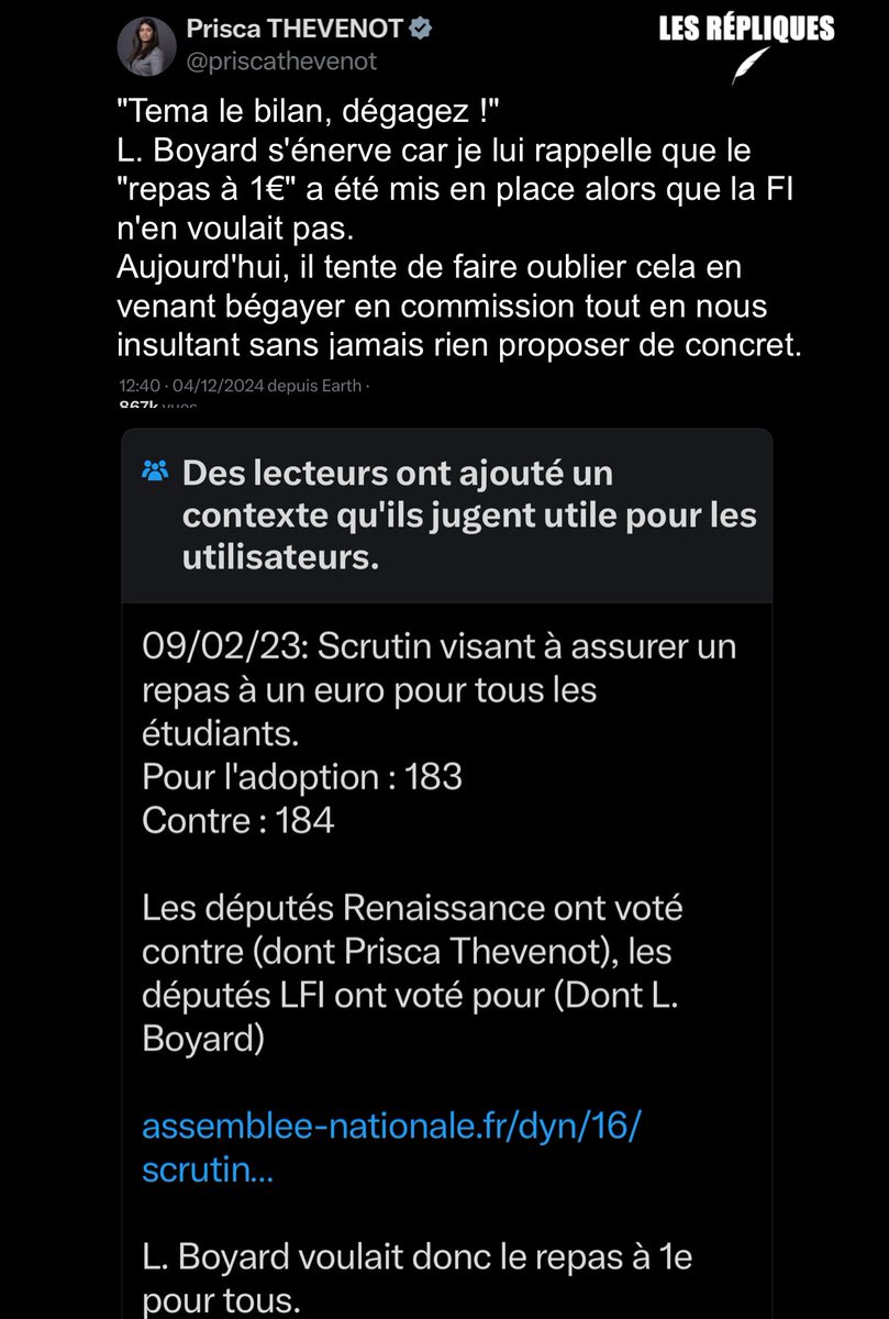 Les_Repliques's tweet photo. Des lecteurs ont ajouté un contexte qu’ils jugent utile suite à ce tweet de l’ex ministre Macroniste @priscathevenot à l’encontre du député @LouisBoyard https://t.co/AlObUcidhG