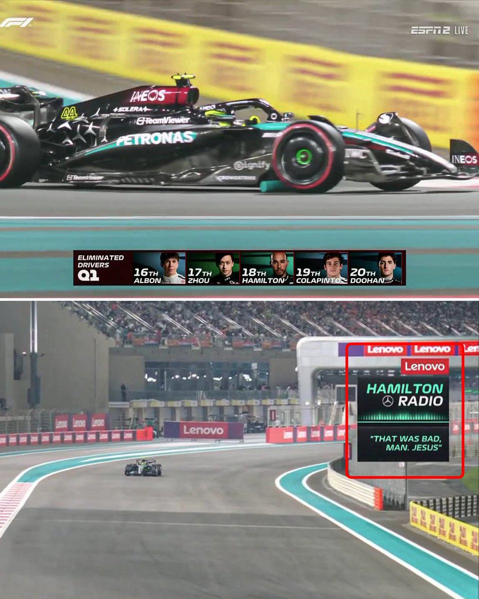 ESPNF1's tweet photo. LEWIS HAMILTON IS OUT IN Q1 ‼️

He'll start P18 in his final race for Mercedes 😔 https://t.co/hYHVYnGvJA