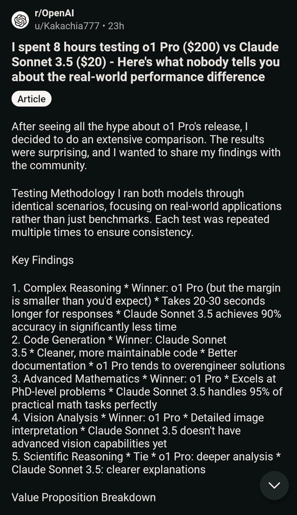 ashishllm's tweet image. A reddit user did God's work.
Compared results of Claude Sonnet 3.5 (20 usd/month) vs O1 Pro (200 usd/ month).
See the images:
#openai #Claude #chatgpt #o1 #sonnet