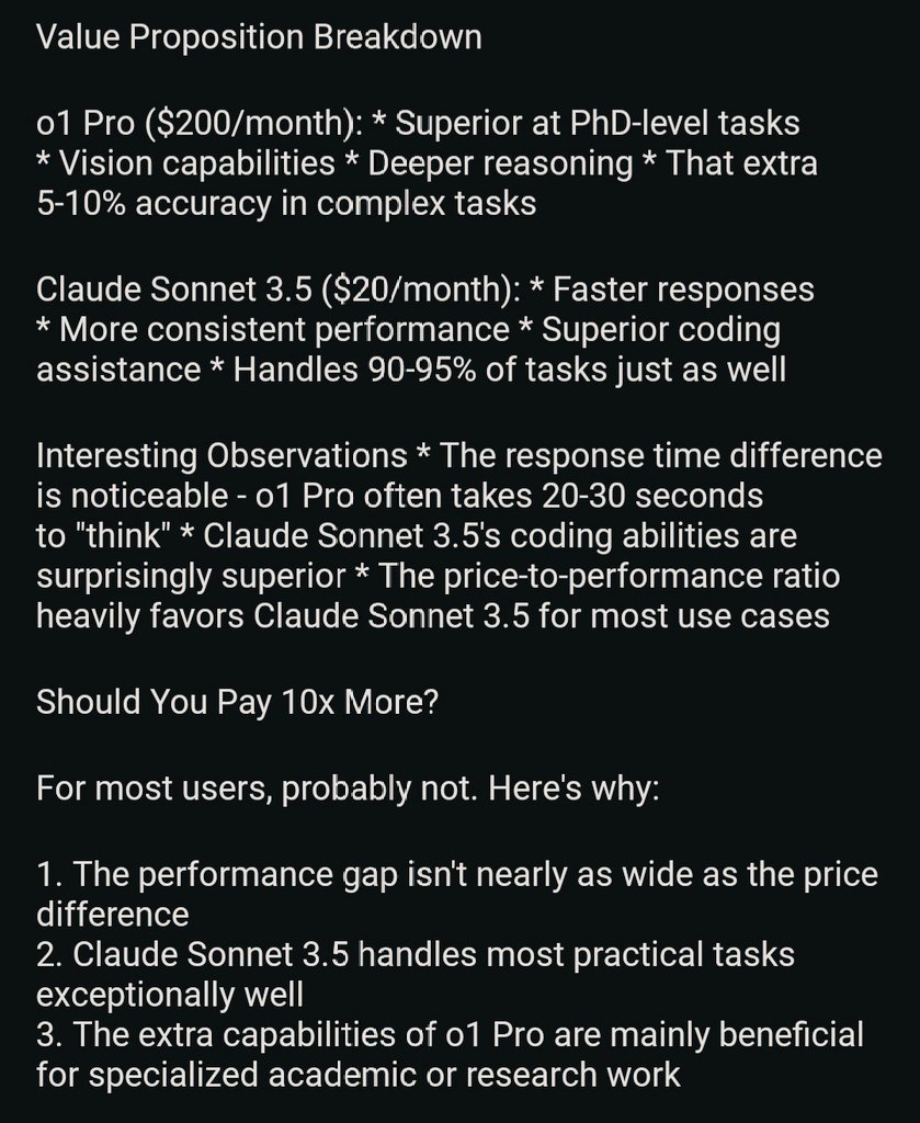 ashishllm's tweet image. A reddit user did God's work.
Compared results of Claude Sonnet 3.5 (20 usd/month) vs O1 Pro (200 usd/ month).
See the images:
#openai #Claude #chatgpt #o1 #sonnet