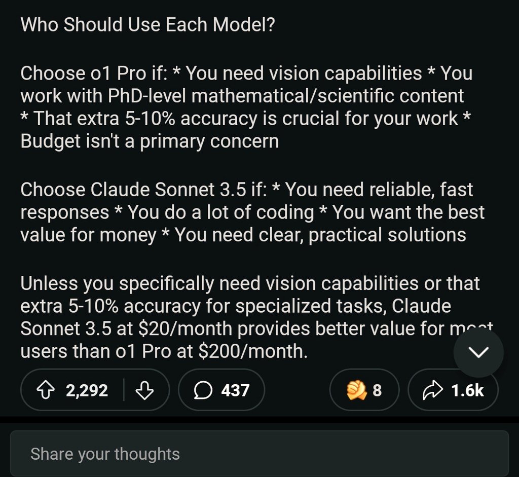 ashishllm's tweet image. A reddit user did God's work.
Compared results of Claude Sonnet 3.5 (20 usd/month) vs O1 Pro (200 usd/ month).
See the images:
#openai #Claude #chatgpt #o1 #sonnet