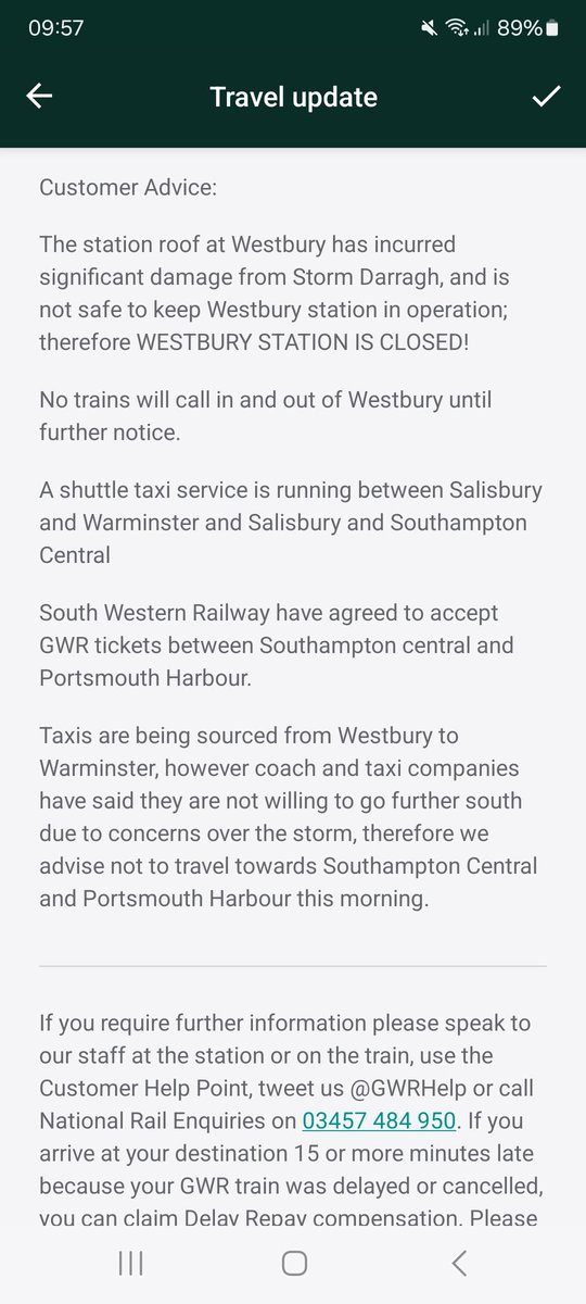 NeilLacey85's tweet photo. @Pompey GWR can't provide a train and advising against travel to the Portsmouth region. Not safe driving as well surely got to make a decision on the game https://t.co/7QicibwRSX