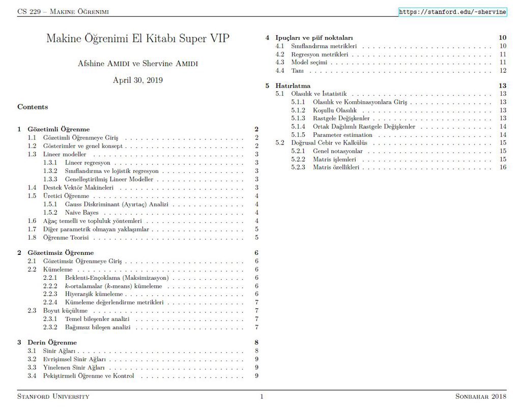 Bu müthiş işi yeniden paylaşayım👇
Stanford Üniversitesi'nin Makine Öğrenmesi, Derin Öğrenme ve Yapay Zeka ders notlarından oluşturulmuş Türkçe cheatsheet'ler.

CS 229 - Makine Öğrenmesi
🔗 github.com/afshinea/stanf…

CS 230 - Derin Öğrenme
🔗 github.com/afshinea/stanf…

CS 221 - Yapay