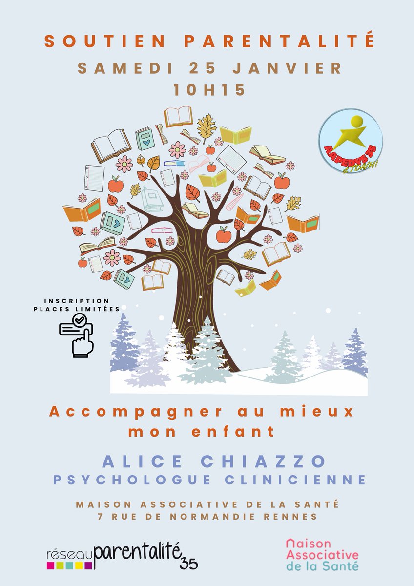 AAPEDYS_35's tweet photo. Après le succès du premier groupe en novembre dernier, un nouveau groupe de parents pourra rencontrer Alice CHIAZZO Psychologue.
https://t.co/mmTq0m9eJY... https://t.co/DtELuLUNMd