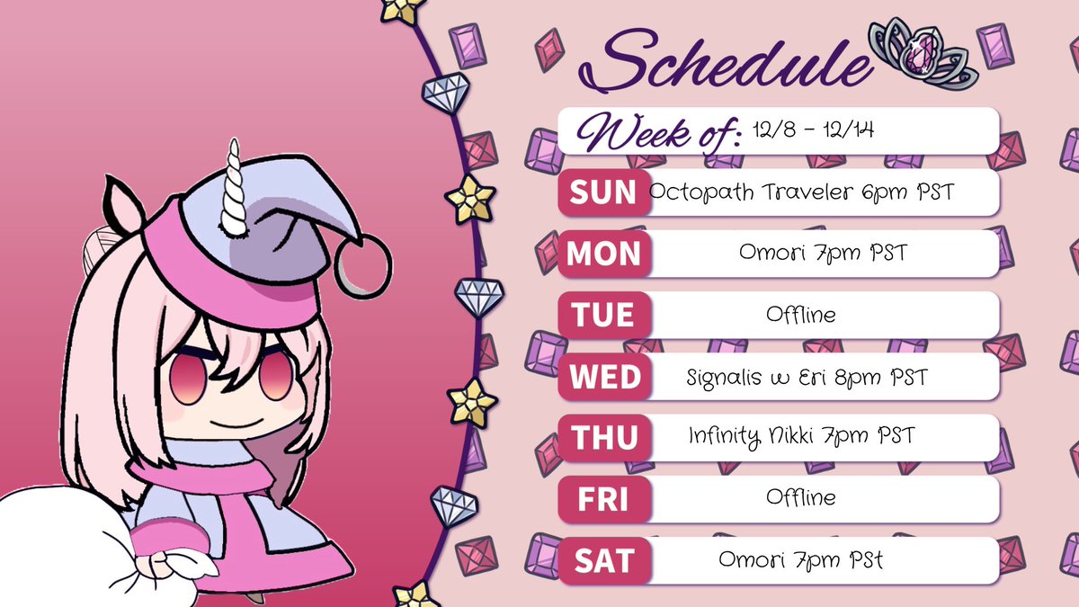 For this jam packed week we are continuing old favorites, starting new adventures, and since I fell for the fakeout in Signalis, <a href="/eriwock/">Eris von Jabberwock ♥ Horsegirl Vtuber</a> is going to monitor me to make sure I finally finish!
Padoru art: <a href="/TheManorClay/">ManorClay</a> 
#ENvtubers #ENVtuber #Vtuber #Vtubers