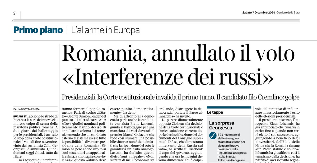 È precedente gravissimo l’annullamento del voto in #Romania . Come se il Cremlino fosse l’unico o il più potente attore esterno a interferire ovunque. Il silenzio connivente di governi e istituzioni europee è inaccettabile. I nostri parlamentari fanno da spettatori? <a href="/Corriere/">Corriere della Sera</a>