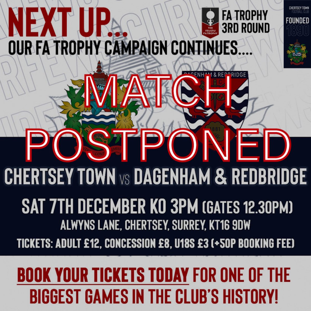 MATCH POSTPONED ❌
This afternoons match vs <a href="/Dag_RedFC/">Dagenham & Redbridge</a> is postponed.
The decision comes after an early pitch inspection, but also in the best interests of supporter safety. Tkts will be valid for the rescheduled fixture with details ASAP. Thank you for your understanding.