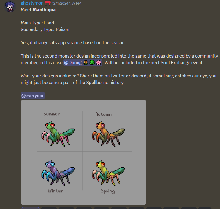 These Society members will have their art eternalized in <a href="/spellbornegame/">Spellborne</a> as mons! Will you be able to get them all?! Congratulations <a href="/OrganizedGoblin/">OrganizedGoblin | |🔺</a> and <a href="/Duong_130799/">Duongz</a> !! 🎉🎉

Meet Nikidna and Manthopia!

#spellbornecreate
