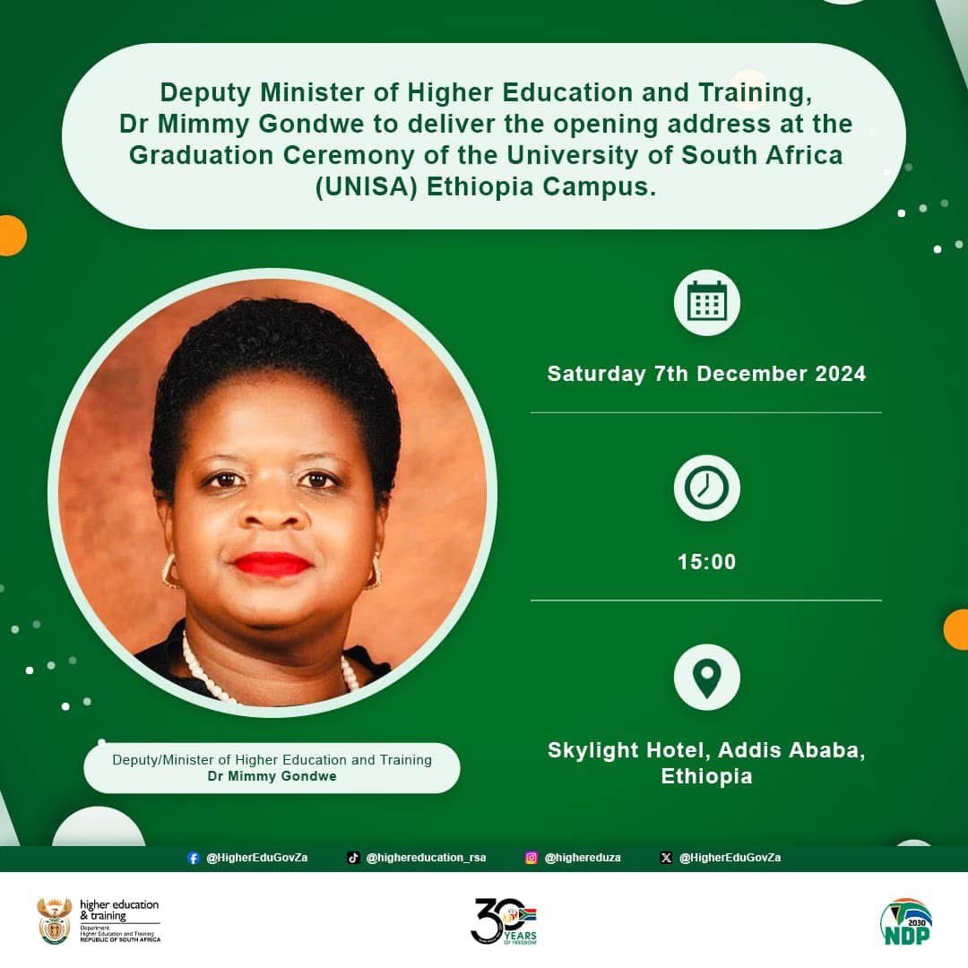 HigherEduGovZA's tweet photo. The Deputy Minister of Higher Education and Training, @DrMimmyGondwe , will this afternoon deliver an address at the UNISA Ethiopia 🇪🇹 graduation ceremony which is the only UNISA Centre situated outside South Africa. 

#UNISAGraduations https://t.co/3ckgPa1bAg