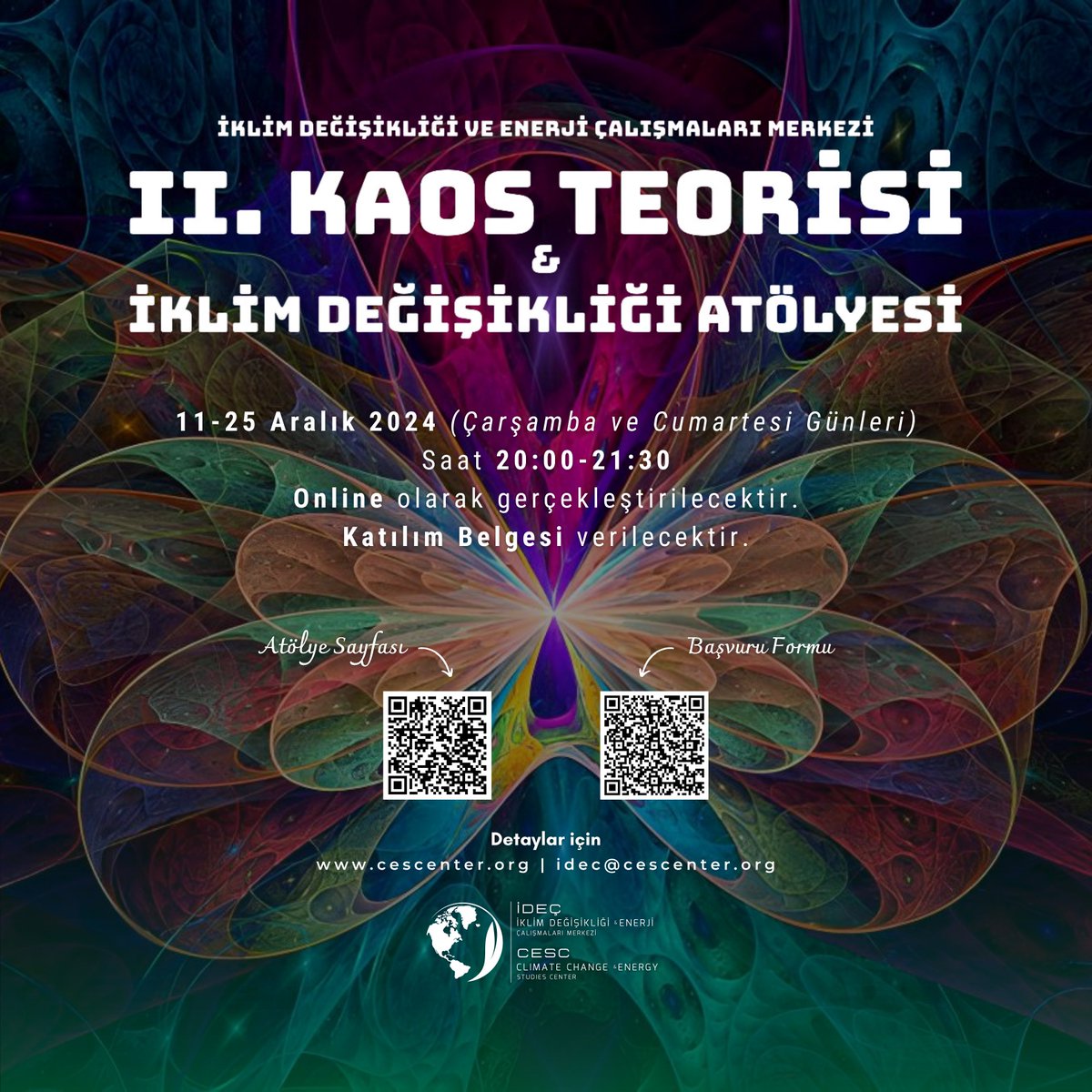 cescenter's tweet photo. 🌍 II. Kaos Teorisi - İklim Değişikliği Atölyesi Başlıyor! 🌪️
Kaos teorisinin büyülü dünyasına adım atarak, iklim sistemlerinin karmaşıklığını ve öngörülemezliğini keşfetmeye hazır mısınız?

📅 11-25 Aralık 2024 tarihlerinde, Çarşamba ve Cumartesi günleri saat 20:00-21:30 arasında online olarak gerçekleşecek bu eşsiz atölyede, kaos teorisinin temel prensiplerini ve iklim değişikliğiyle olan güçlü bağlantısını inceleyeceğiz.

Doç. Dr. İlhan SAĞSEN ve Prof. Dr. Fatih AYDIN rehberliğinde düzenlenecek bu atölyede;
📌 Kelebek Etkisi, Atraktörler, Fraktaller gibi kaosun temel kavramlarını,
📌 İklim değişikliğinin karmaşık yapısını ve öngörülemezliğini,
📌 İklim modellemelerinde kaos teorisinin rolünü öğrenme fırsatı bulacaksınız.

📝 Son başvuru tarihi: 10 Aralık 2024
💰 Atölye Bedeli: 500 TL
📄Katılım Belgesi verilecektir.

Başvuru formu ve detaylar için: https://t.co/Jv7SLiKOBd
https://t.co/j7LUlmGYHE

Kimler Katılmalı?
🔹 Kaos teorisine ve iklim bilimine ilgi duyanlar
🔹 Lisans, yüksek lisans ve doktora öğrencileri
🔹 Akademisyenler, araştırmacılar, öğretmenler

Detaylar için bizi takipte kalın!

#İklimDeğişikliğiveEnerjiÇalışmalarıMerkezi #Atölye #Workshop #Eğitim #Akademi
#Kaos #KaosTeorisi #İklimDeğişikliği #Atölye #İDEÇ