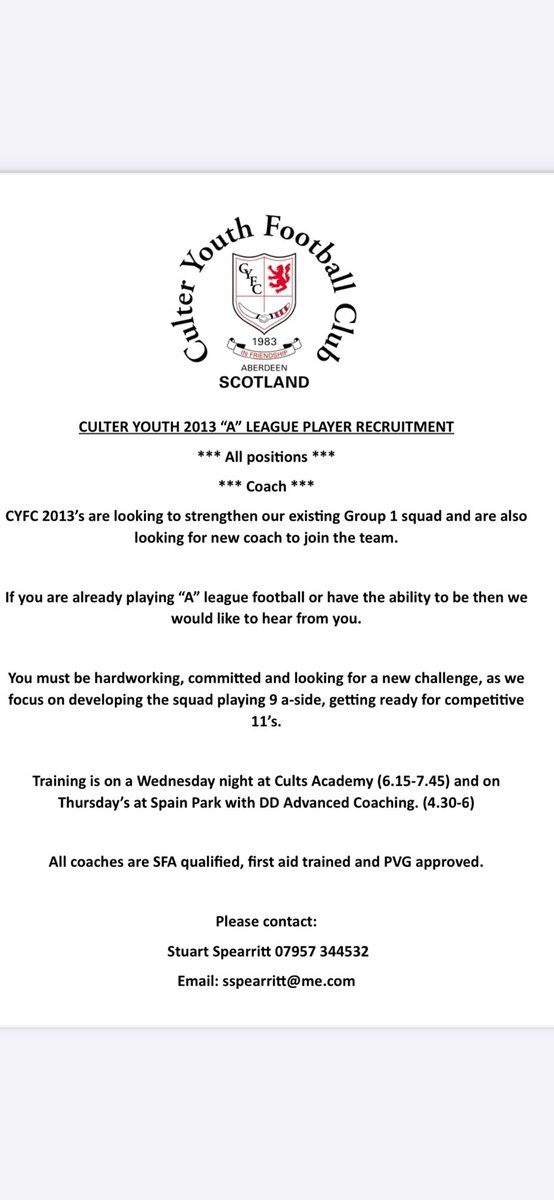 Culter 2013s are looking for a coach to join their team,
A great group of players that I really enjoy coaching on a Thursday 

If you fancy  it please get in touch with Stuart ⬇️