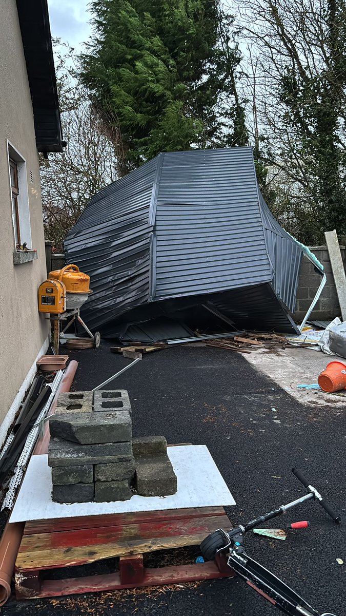 shellconlon's tweet photo. @rtenews damaged shed and trampoline upside down in Clane #stormdarragh https://t.co/5fGY1aAb3b