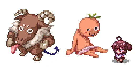 心をなくしたバフォメットとミカンちゃん人形とウガルルのドット絵#まちカドまぞく 