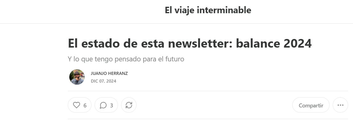 Aquí cuento un poco de los sudores de este año para escribir una newsletter. Y de las cifras, el crecimiento, los proyectos venideros. 

substack.com/home/post/p-15…