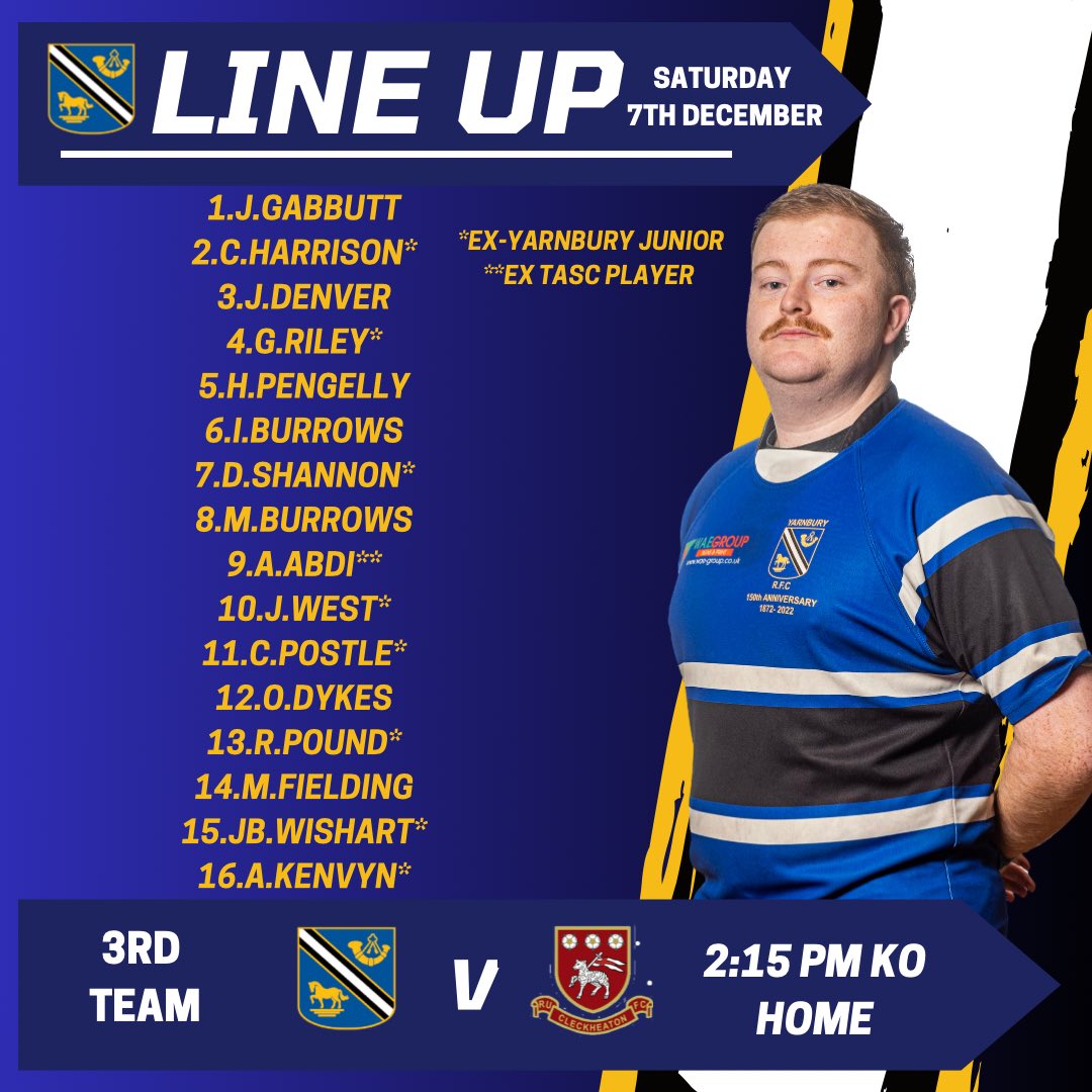 YarnburyRFC's tweet photo. 🔵⚫️⚪️Todays squads 
🏉1st team play @bramleyphoenixrfc at home 3pm kick off 
🏉2nds travel to @bramleyphoenixrfc 2:15 kick off 
🏉3rds team are playing @cleckheaton_rufc 2:15 kick off #yarnbury #oneclub #yorkshirerugby https://t.co/kOArOGFhyN