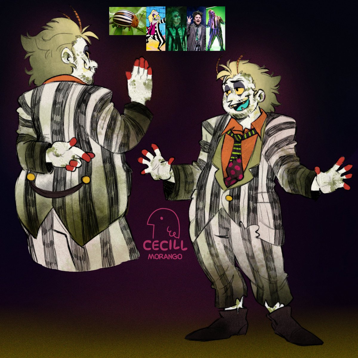 Morango_Cecill's tweet photo. The hype is almost gone, but I wanted to draw my own vision of #Beetlejuice !
But, with touches of an actual beetle! A potato beetle! 🪲💚 

// #BeetlejuiceBeetlejuice ! // https://t.co/XlxHu0nUDM