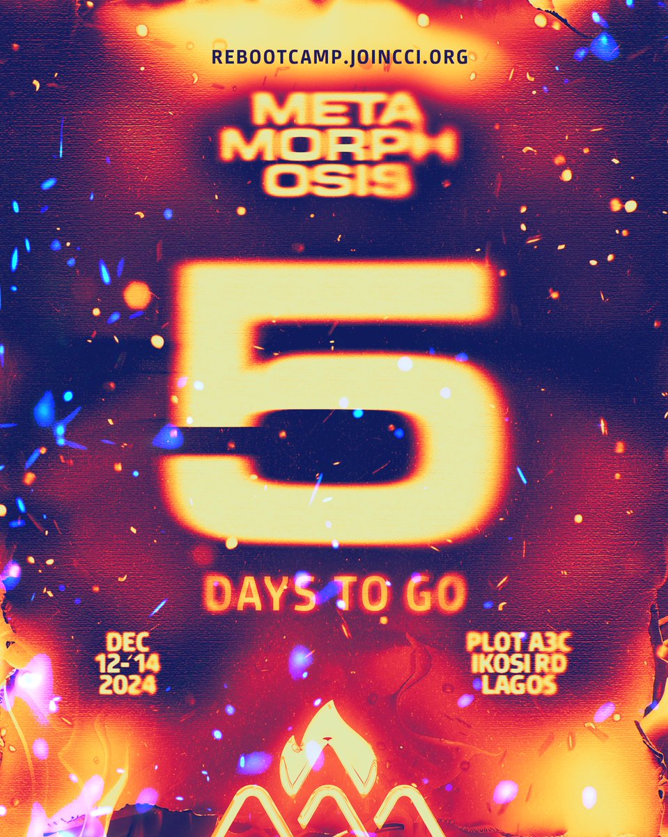 cci__global's tweet photo. 5 DAYS TO REBOOT CAMP 2024!

The wait is almost over!
We are just 5 days away from the most anticipated camp meeting of the year! 💃🏽💃🏽  
Get ready for a life-transforming encounter. 
Get ready for Metamorphosis!🔥  

Expect powerful teachings, heart-lifting worship, and a mighty move of God like never before! This is your moment! 💃🏽🔥  

Date: Dec 12–14, 2024  
Venue: Plot A3C, Ikosi Road, Oregun, Lagos  

The excitement is contagious, the atmosphere is charged, and the stage is set for an unforgettable experience! 
Spread the word, prepare your heart, and stay prayed up.
Reboot Camp 2024 is almost here! 🔥  

#DemNoDeyMissRebootCamp #RebootCamp2024 #Metamorphosis