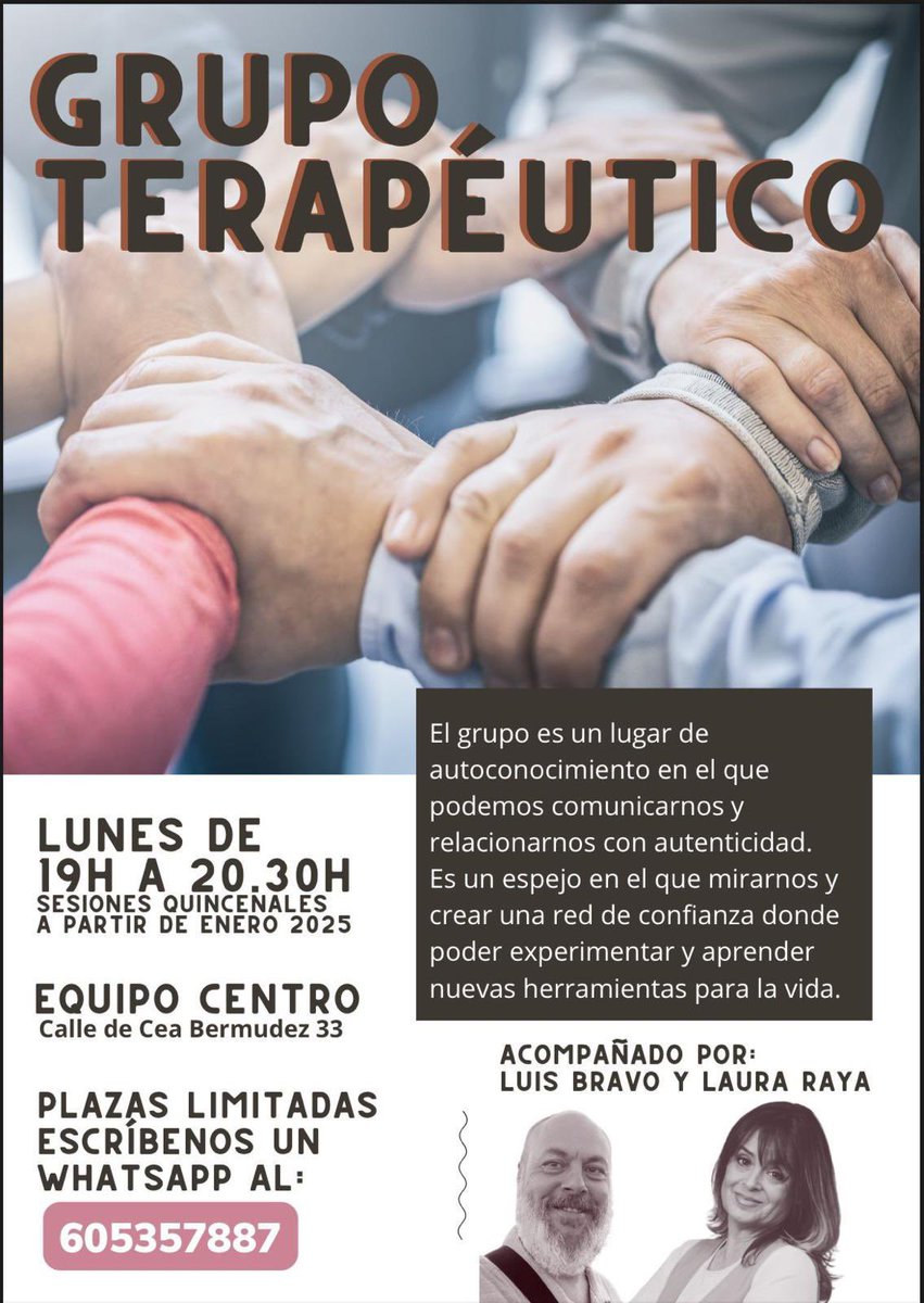 Hemos formado un grupo de terapia en #Madrid. El grupo y todas las personas que lo componen hacen de espejo y nos devuelven herramientas para la vida. La información, en el cartel 👇 
Anímate