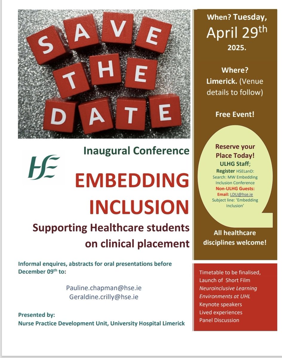 Delighted to announce an Inaugural Conference 'Embedding Inclusion' open to all healthcare professionals that support students on clinical placements. Details below to reserve your place. Abstract submissions extended until 10th January.  <a href="/CrillyGeraldine/">Geraldine Crilly</a>