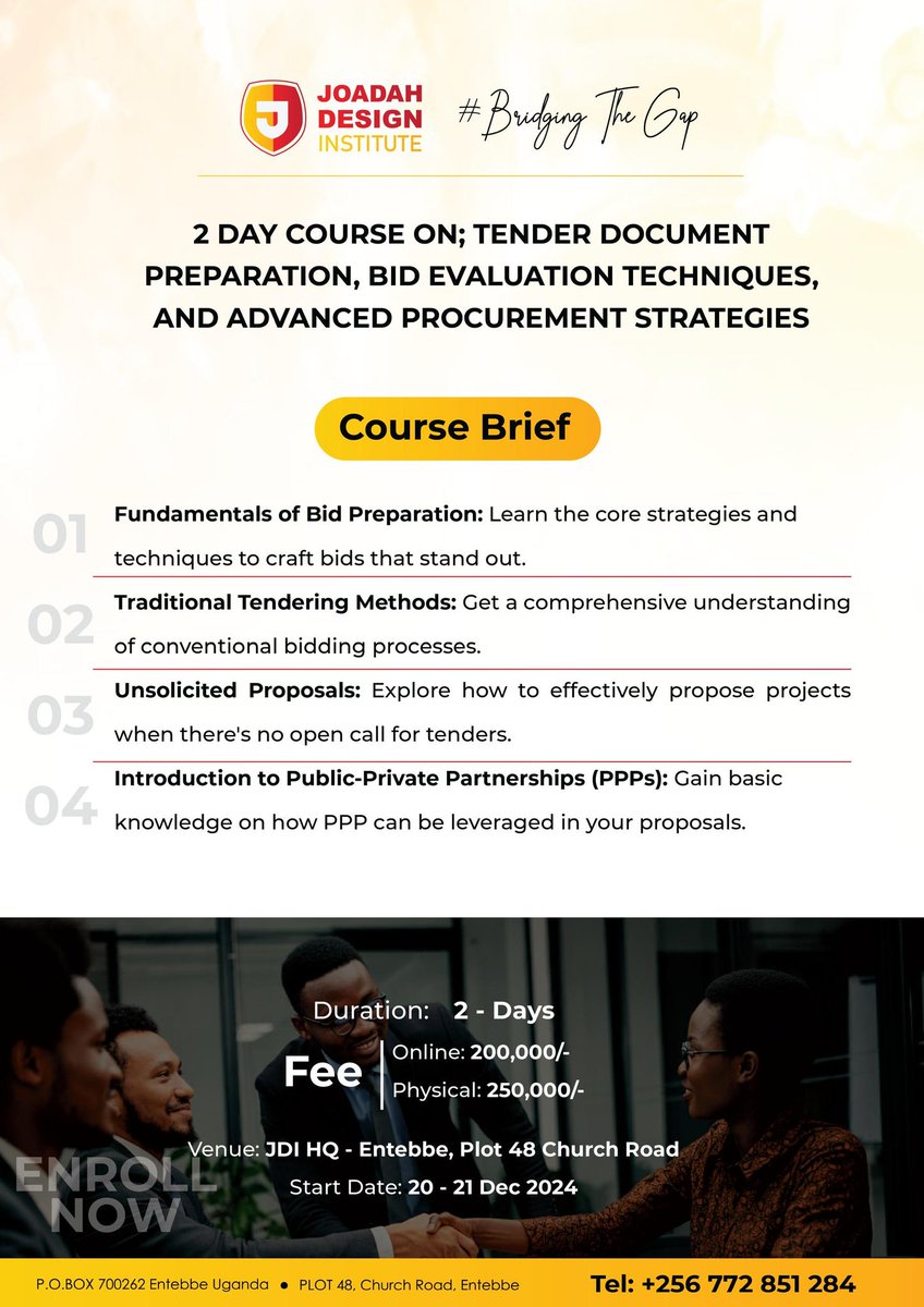 JoadahDI's tweet photo. 2 Day Course on Tender document preparation, Bid evaluation techniques, and advanced procurement strategies.

JDI Bridging The Gap!

@aitajoel @dit_uganda https://t.co/Dh0igs5TP8