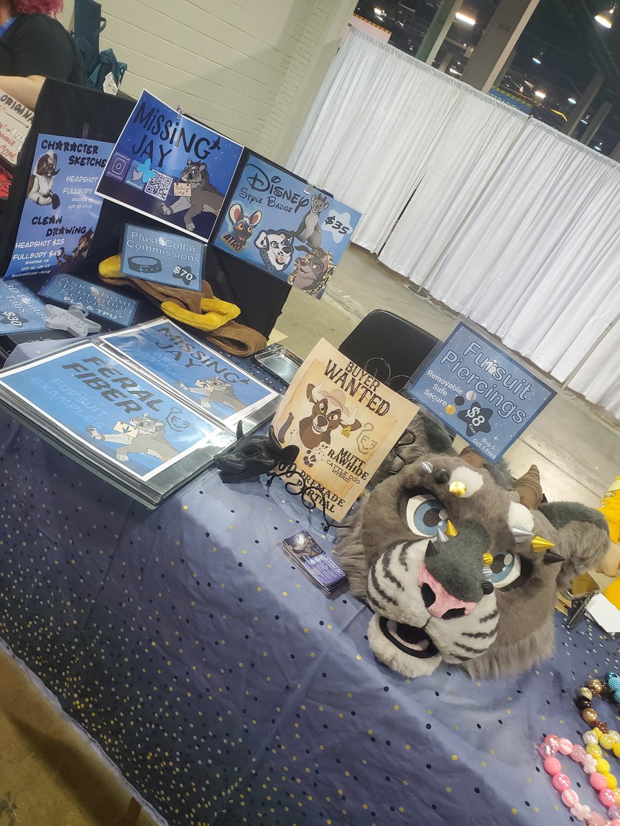 MissingJay's tweet image. Come visit me in the artist alley at #MFF24. I have the fandom&apos;s first screw in removable fursuit piercings and some fun disney style badges.
I&apos;ll be tabling from 10am-1pm Saturday