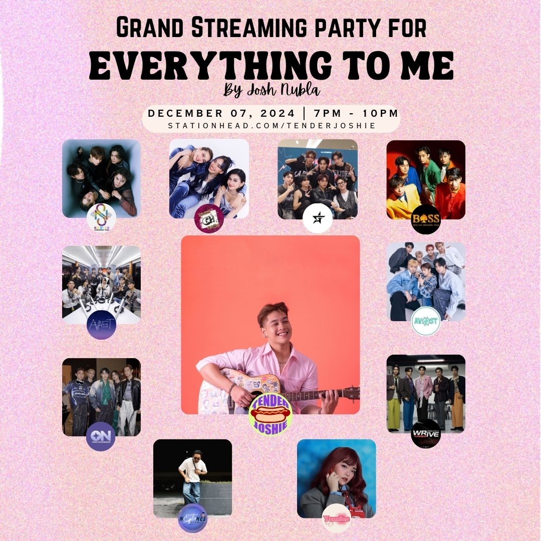 As a celebration for Everything To Me's first week from it's release, we'll be having  a grang streaming party with this fandoms! See you everyone! 💚

📻 stationhead.com/tenderjoshie

#JoshNubla #EverythingToMe #SecondRelease