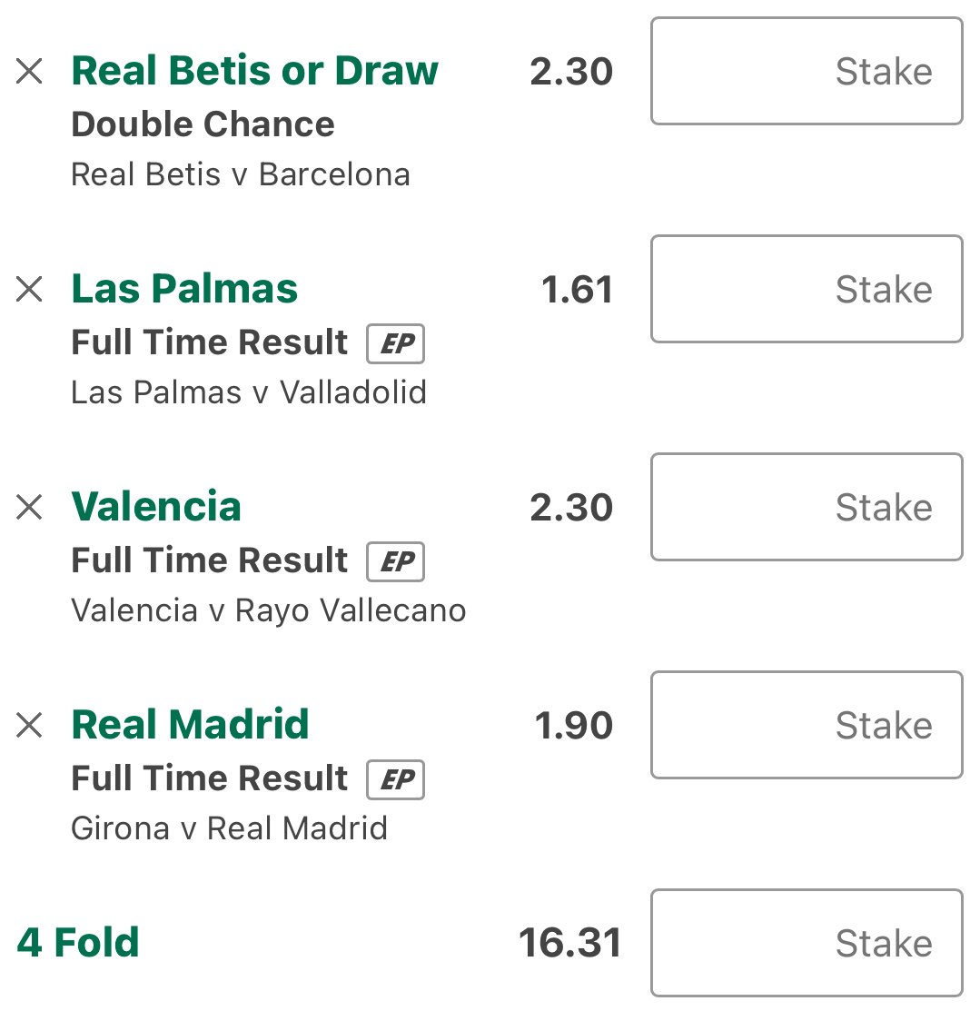 ArmTipster's tweet photo. 🤩⚽️SATURDAY FOOTBALL TIP⚽️🤩

💫Real Betis v Barcelona
Double chance - 1X: 2.30
💫Las Palmas v Valladolid
FT Result - W1: 1.61
💫Valencia v Rayo Vallecano
FT Result - W1: 2.30
💫Girona v Real Madrid
FT Result - W2: 1.90

✅ACCA: 16.31

Don't miss your chance to win ! 🔥💰 https://t.co/H6xzce4Syg