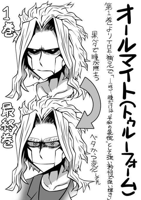 今更なんだけど本誌でヒロアカ読んでた時は気付かなかったオールマイトの目の変化、最終巻読んでようやく気付いた事。"平和の象徴"の役目を終えてたんだな、オールマイト(最終話430前の429話、ホークスとの会話シーン) 