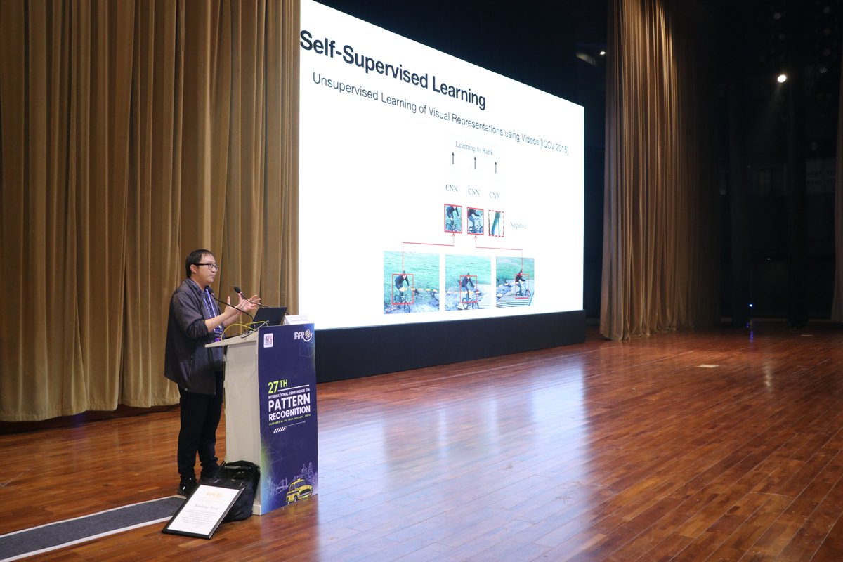 xiaolonw's tweet photo. I was in #ICPR at Kolkata, India to accept the J. K. Aggarwal Prize. I gave a talk on connecting the old work we did for SSL, Video Understanding to the current work we are doing for Robotics. https://t.co/rpzhYq561k