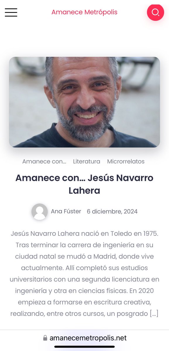 Me siento muy agradecido a la revista cultural Amanece Metrópolis y a Ana Fúster por el artículo en el que hablan de mi libro «Risas, miedos, anhelos y horrores».
Lo podéis leer en el siguiente enlace, donde se incluyen cuatro de mis relatos.

amanecemetropolis.net/amanece-con-je…