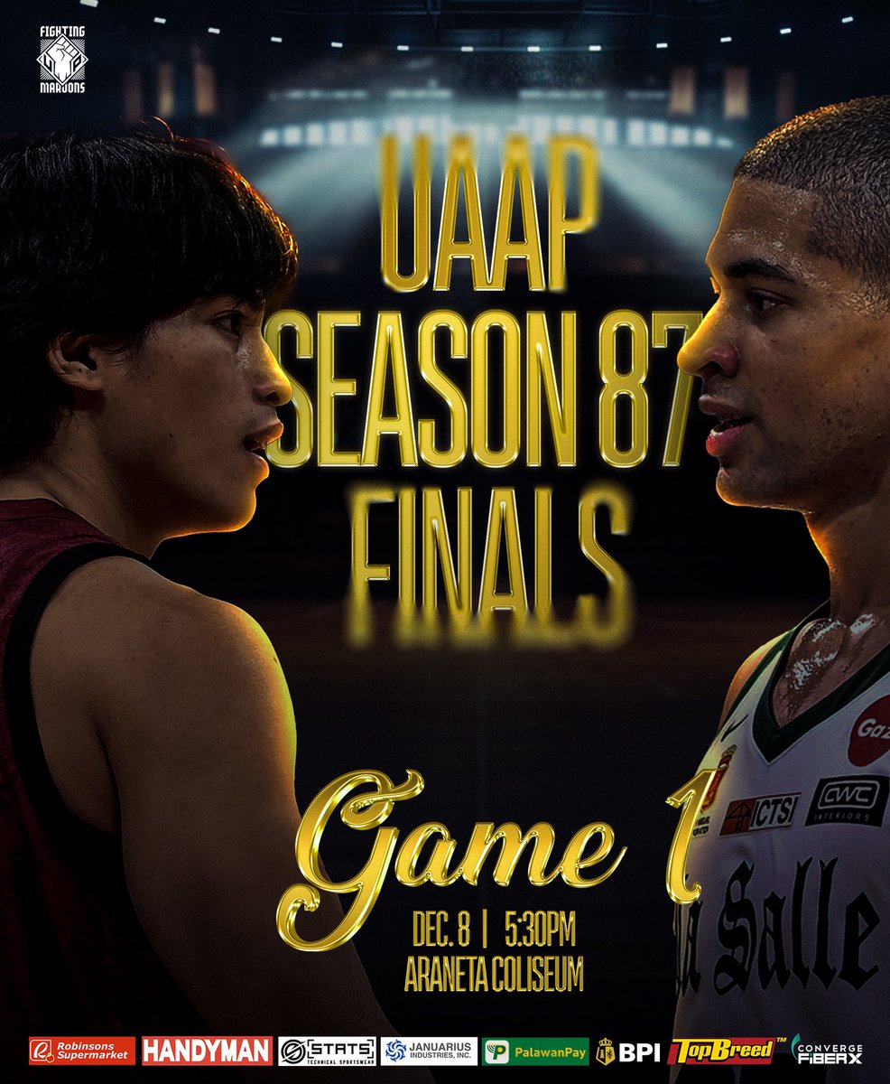 upmbt's tweet photo. ALL THE WAY UP 🏆

91 long days. 15 grueling games. 2 teams left. 1 goal in mind — to bring the glory back to Diliman.

The UP Fighting Maroons will face a familiar foe when they clash with the DLSU Green Archers tomorrow, Dec. 8, 5:30 pm, at the Smart–Araneta Coliseum. https://t.co/EE4MUNkISS