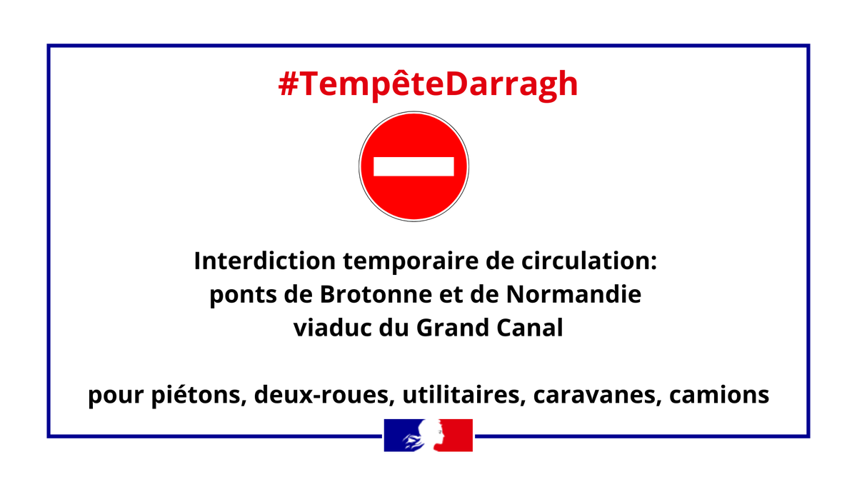 Prefet76's tweet photo. #TempeteDarragh 🍃🌬️

⛔️ Interdiction de circulation sur les ponts de Tancarville et de Normandie et sur le viaduc du grand canal ce jour jusqu'à 18h pour:

• piétons • deux-roues immatriculés ou non • camping-cars, véhicules légers avec remorques et caravanes •  véhicules utilitaires (< 3,5t) d’une hauteur supérieur à 2m • poids lourds.

Des rafales de vent supérieures à  110 km/h sont attendues localement.
⚠️Soyez prudents !