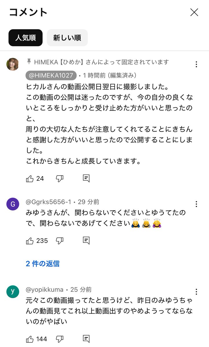 ひめかちゃんの動画のコメント欄9割はみゆうちゃんのことなんだけど