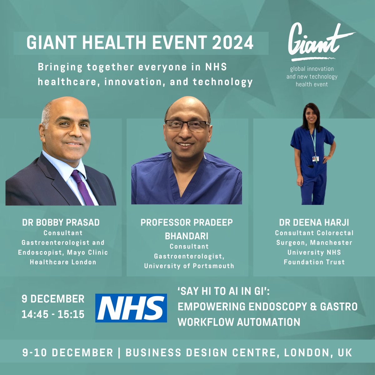 GIANT Health Event (@giant_health) on Twitter photo ‘Say HI to #AI in #GI’: Empowering #Endoscopy & #Gastro Workflow Automation
👉Bobby Prasad <a href="/MayoClinicUK/">Mayo Clinic Healthcare</a>
👉<a href="/gastro3570/">Pradeep Bhandari</a> <a href="/portsmouthuni/">University of Portsmouth</a>
👉<a href="/DeenaHarji/">Deena Harji</a>,Consultant Colorectal Surgeon <a href="/OfficialUoM/">The University of Manchester</a> will join us at The Future Hospital Show at #GIANT2024
📅9 Dec
🎟️bit.ly/3ZEop3D ‘Say HI to #AI in #GI’: Empowering #Endoscopy & #Gastro Workflow Automation
👉Bobby Prasad <a href="/MayoClinicUK/">Mayo Clinic Healthcare</a>
👉<a href="/gastro3570/">Pradeep Bhandari</a> <a href="/portsmouthuni/">University of Portsmouth</a>
👉<a href="/DeenaHarji/">Deena Harji</a>,Consultant Colorectal Surgeon <a href="/OfficialUoM/">The University of Manchester</a> will join us at The Future Hospital Show at #GIANT2024
📅9 Dec
🎟️bit.ly/3ZEop3D