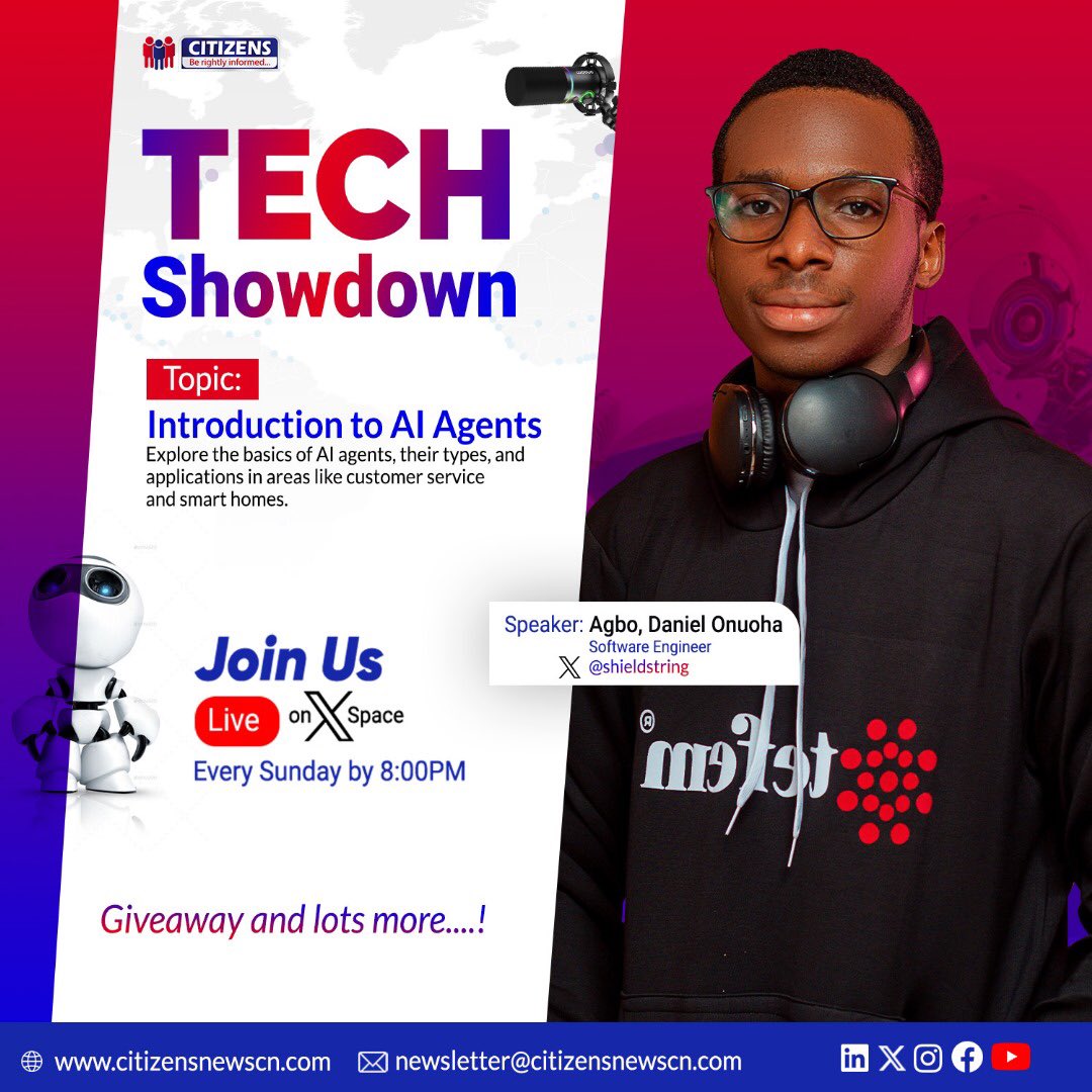 Dukekapuchi's tweet photo. TECH SHOWDOWN ALERT!

Join us on X Space this Sunday at 8 PM. 

Engaging tech discussions:

• Introduction to AI Agents
• Latest tech trends &amp; insights
• Networking with fellow tech enthusiasts

Speaker: Agbo Daniel Onuoha - @Shieldstring 

🔗 https://t.co/qewt7wDBzR https://t.co/tNxteiH4WJ