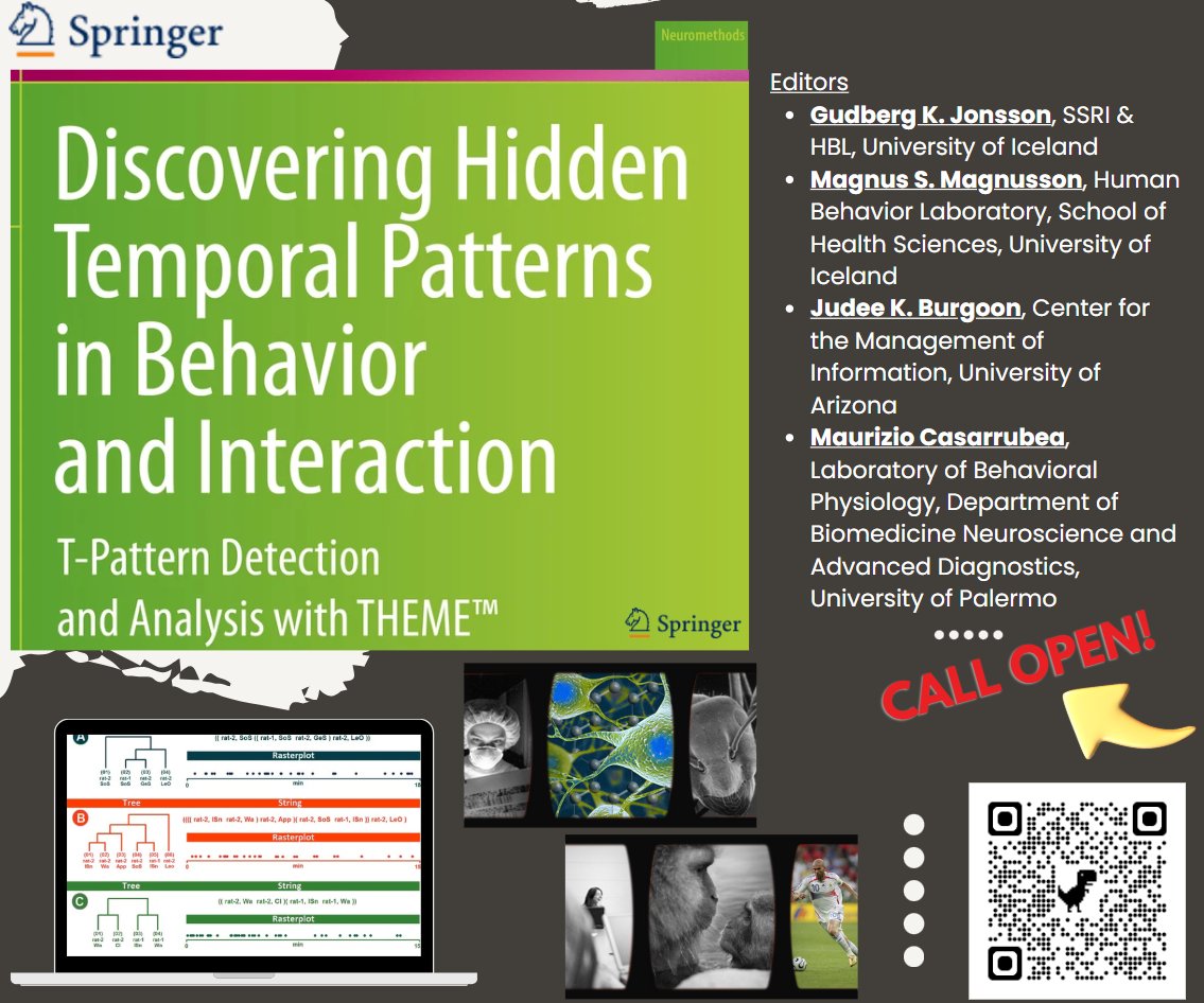 GudbergJonsson's tweet photo. Call still open for Vol II of „Discovering Hidden Temporal Patterns in Behavior and Interaction: T-Pattern Detection and Analysis with THEME™ (Springer Nature / Neuromethods). #MASI #THEME #TPA #HBL #PatternVision #Haskoli_Islands #Springer https://t.co/Rg79tIXFYV