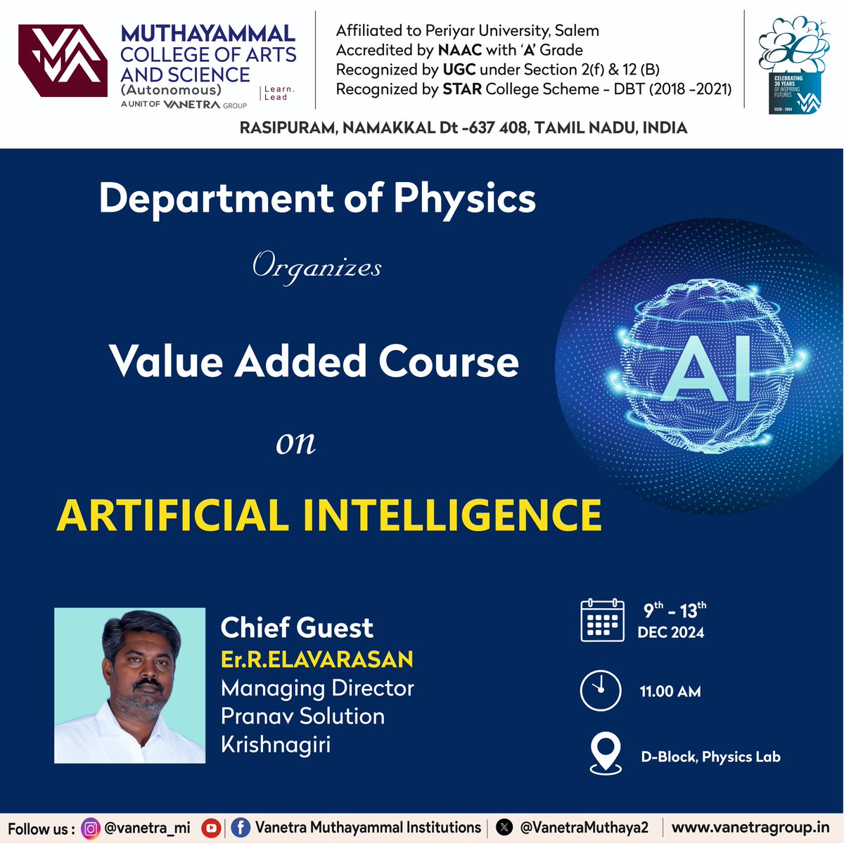 VanetraMuthaya2's tweet image. 🌟 Explore the World of Artificial Intelligence! 🤖✨

The Departments of Physics proudly present a Value-Added Course on Artificial Intelligence from 09.12.2024 to 13.12.2024

#ArtificialIntelligence #ValueAddedCourse #InnovativeLearning #Physics #MCAS #vanetra  #students