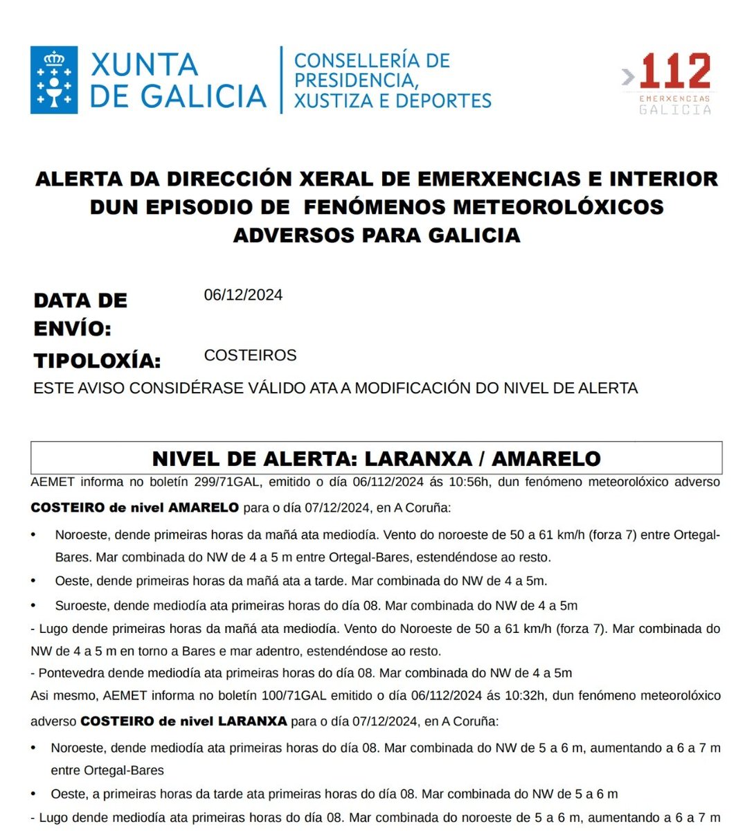 bombeiroscoruna's tweet photo. #AlertaLaranxa | A Dir. Xeral de Emerxencias e Interior ALERTA varios episodios de fenómenos meteorolóxicos adversos #Coruña
🗓️ Sábado 7
▶️ Ás 12.00h
⚠️ NIVEL DE ALERTA:
➡️ COSTEIROS 🌊🟠 https://t.co/9v8T2g4lv0