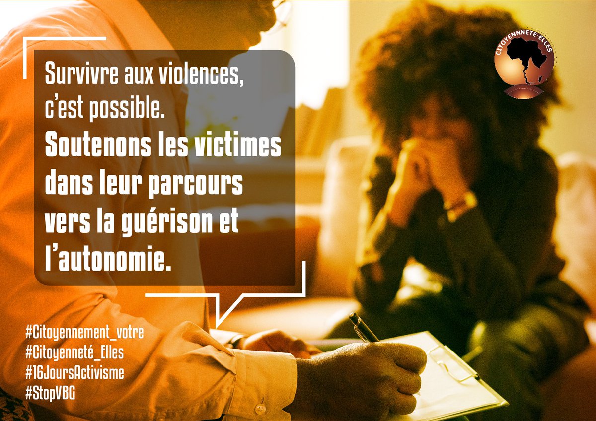 Survivre aux violences, c’est possible. Soutenons les victimes dans leur parcours vers la guérison et l’autonomie.

#Citoyennement_votre 
#Citoyenneté_Elles 
#16JoursActivisme 
#StopVBG