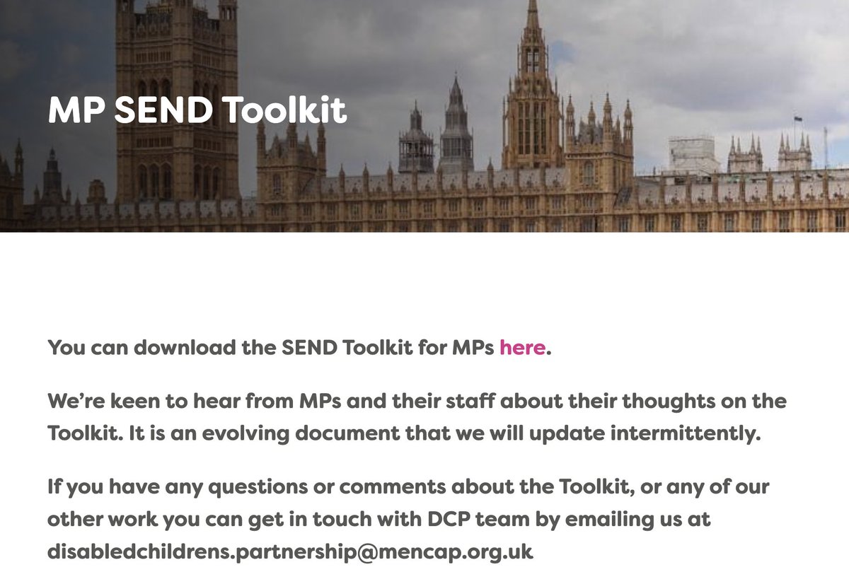 The <a href="/DCPcampaign/">Disabled Children's Partnership</a>  has published a #SEND Toolkit for MPs. Please pass this on to not only your MP, but also your local councillors and anyone else with decision-making powers:  disabledchildrenspartnership.org.uk/mp-send-toolki…