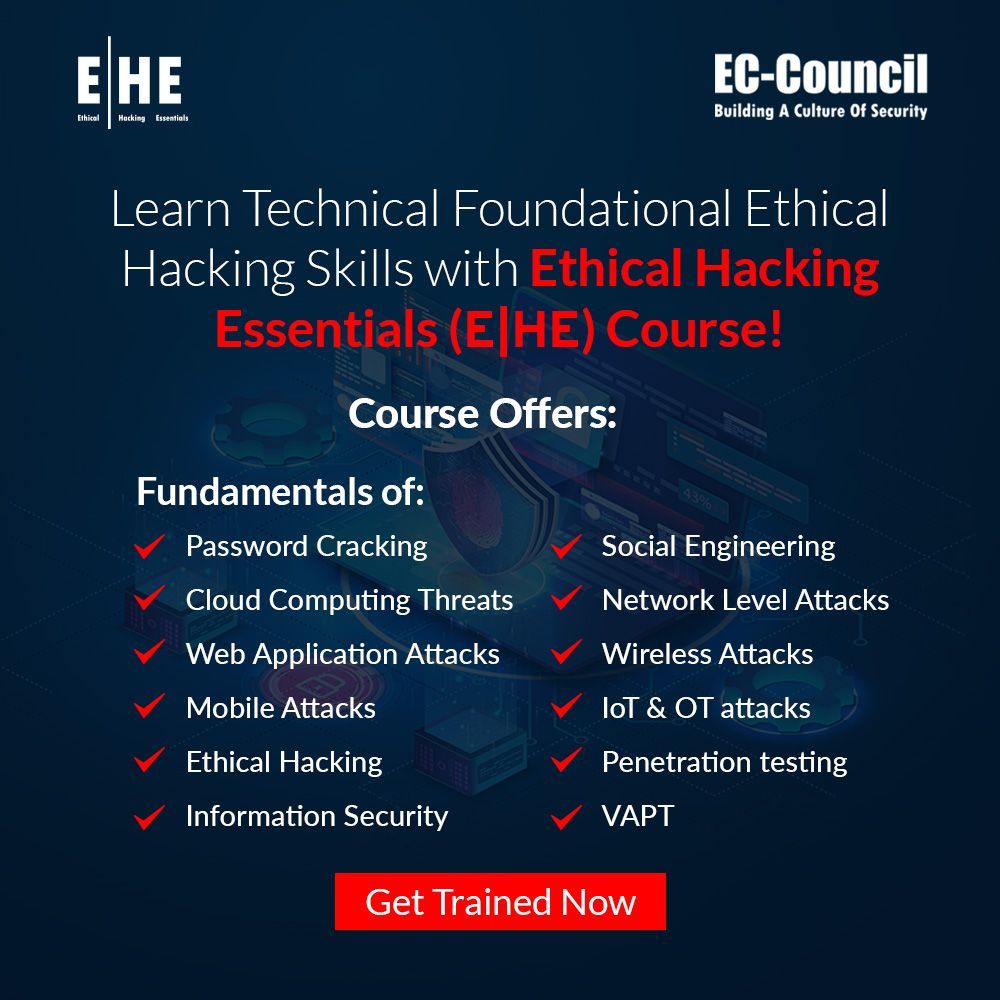 ECCOUNCIL's tweet image. Enroll in the #EthicalHackingEssentials course and experience hands-on learning in #EthicalHacking and #InformationSecurity. Designed for individuals to begin #CybersecurityCareers, #EHE provides in-demand #TechnicalSkills. Register now: buff.ly/3SGnkUC

#ECCouncil…